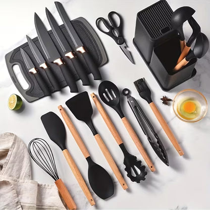 Set Premium 18 Utensili in Silicone & Acacia+ Set Coltelli Professionali