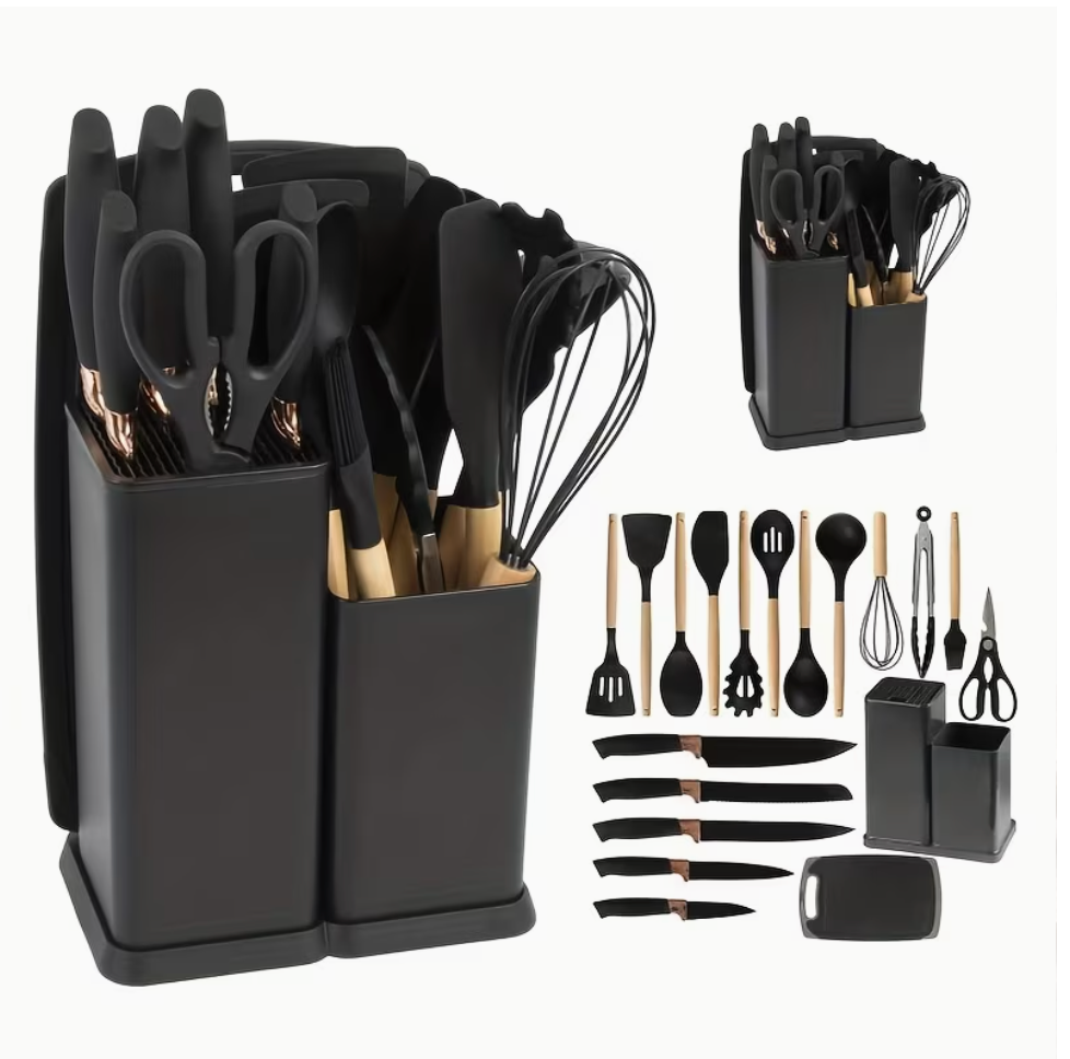 Set Premium 18 Utensili in Silicone & Acacia+ Set Coltelli Professionali