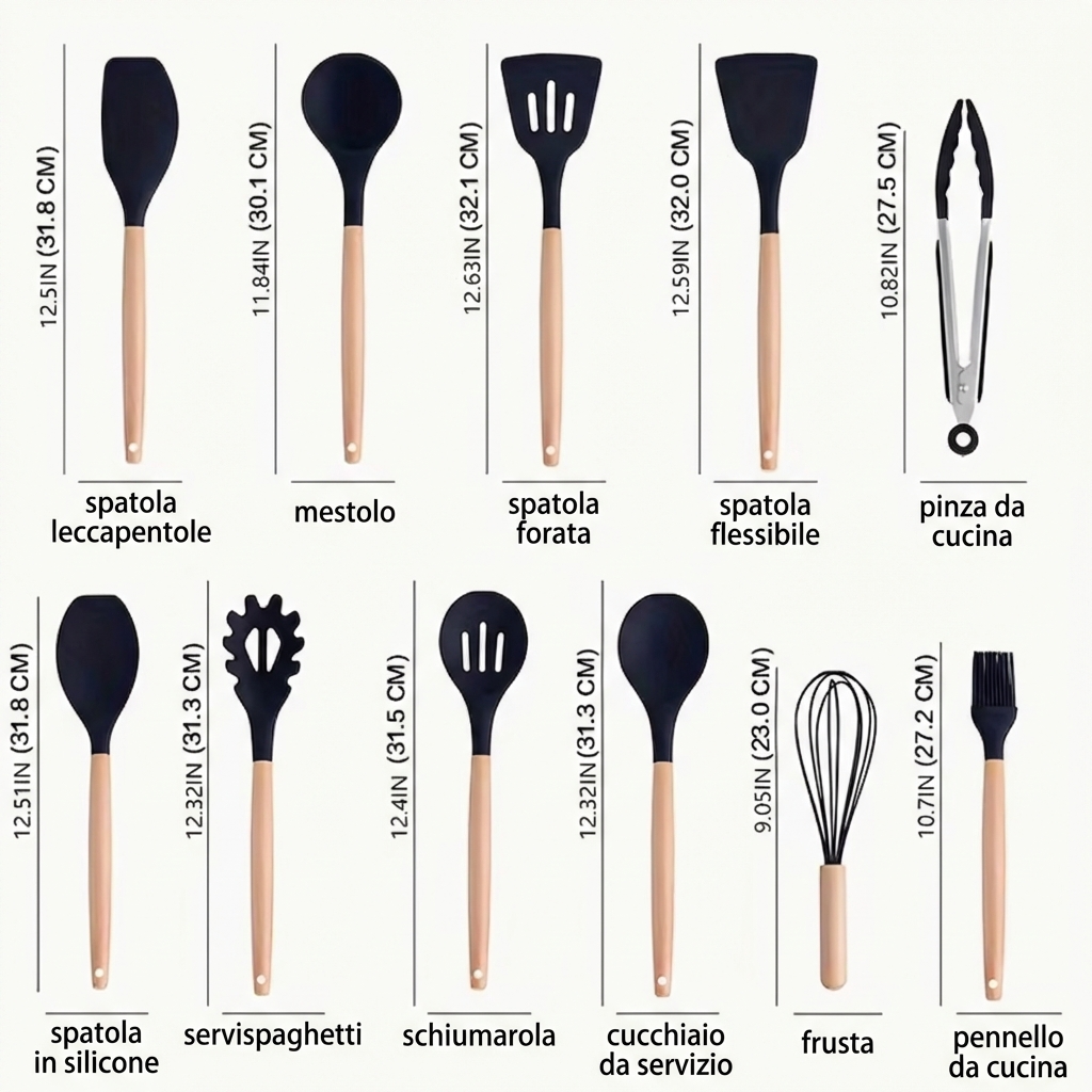 Set Premium 18 Utensili in Silicone & Acacia+ Set Coltelli Professionali