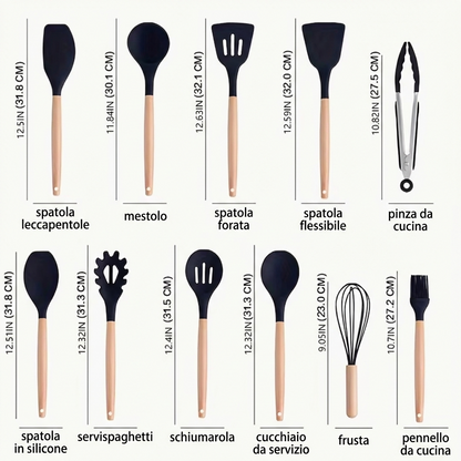 Set Premium 18 Utensili in Silicone & Acacia+ Set Coltelli Professionali